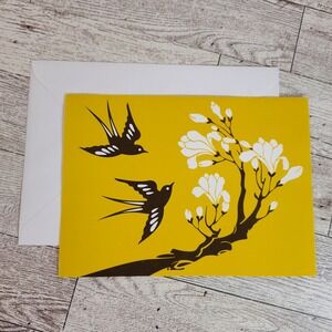 Blank Note Card Birds and Blossoms Stationery Greeting Card Yellow Black Any Occ